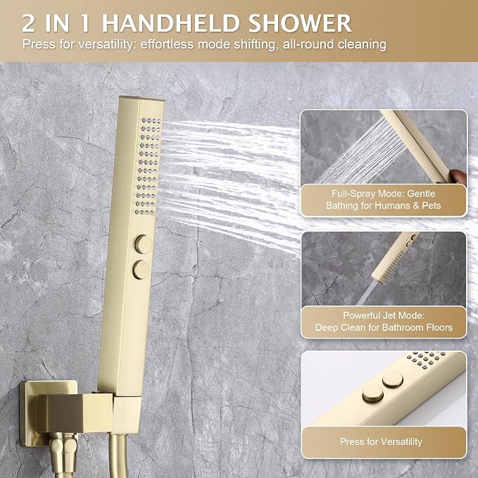 Rain Shower System, 10''Square Rain Head,2-Spray Handheld, Gold | 2 Spray Functions,Anti-Tangle Explosion-proof PVD Hose,Balance Temp Valve,Rust-proof & Scratch-resistant
