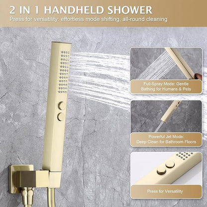 Rain Shower System, 10''Square Rain Head,2-Spray Handheld, Gold | 2 Spray Functions,Anti-Tangle Explosion-proof PVD Hose,Balance Temp Valve,Rust-proof & Scratch-resistant