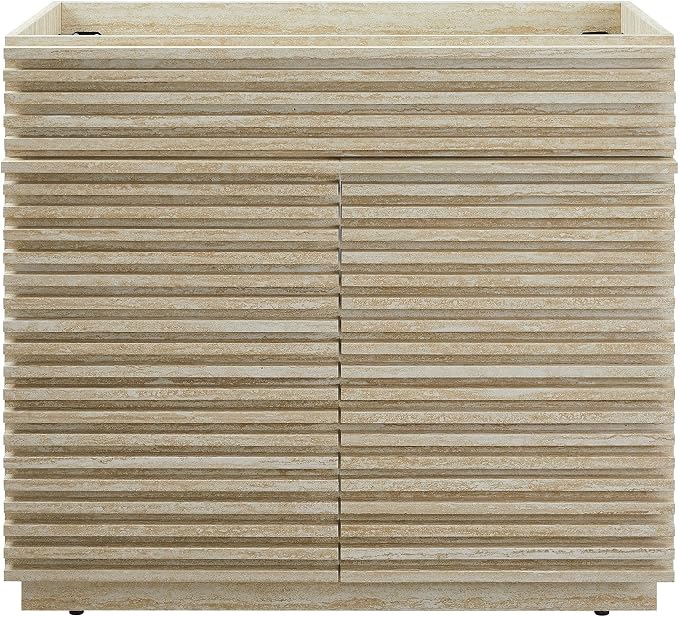 Modway Render Faux Travertine Slatted Bathroom Cabinet in Travertine - 36 Inch Single Bathroom Vanity with No Sink - Modern Freestanding Vanity Storage Cabinet - Mid-Century Bathroom Furniture