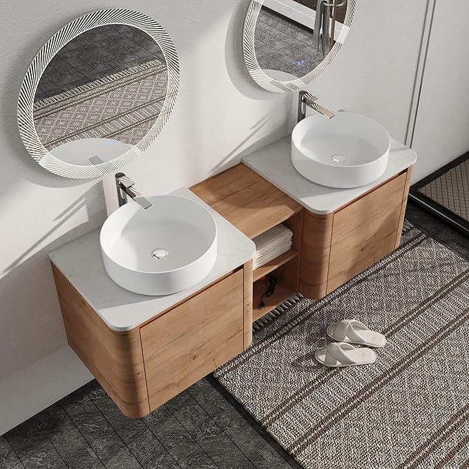 Malwee 60" Floating Bathroom Vanity with Sink, 60 Inch Wall Mounted Bathroom Cabinet Combo, Modern Double Sink Bath Storage Vanity Set, with 2 Soft Close Doors and Ceramic Vessel Basin Top(60-400