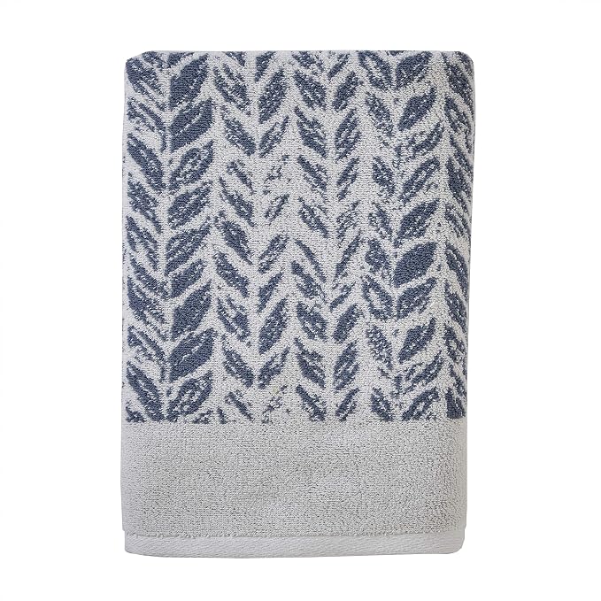 SKL Home Distressed Leaves Bath Towel, 100% Turkish Cotton, Denim Blue | 600 GSM weight. Spa-level quality. Soft, & absorbent, reversible jacquard.