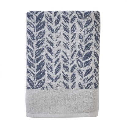 SKL Home Distressed Leaves Bath Towel, 100% Turkish Cotton, Denim Blue | 600 GSM weight. Spa-level quality. Soft, & absorbent, reversible jacquard.