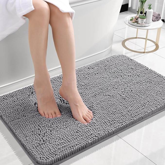 OLANLY Small Bathroom Rugs 24x16, Extra Soft Absorbent Chenille Bath Rugs | Grey, Quick-Drying Rubber Backing, Machine Washable Bath Mat for Bathroom Floor, Tub and Shower, Home Decor Accessories