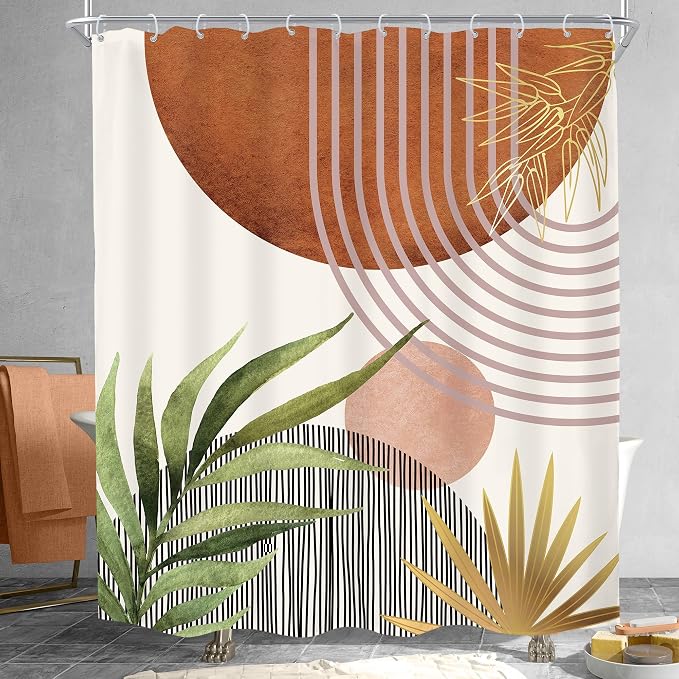 Mid Century Green Boho Abstract Modern Brown Bathroom Shower Curtain Set | 60Wx72L Plant Botanical design, waterproof HD print with fast-drying fabric and 12 hooks.
