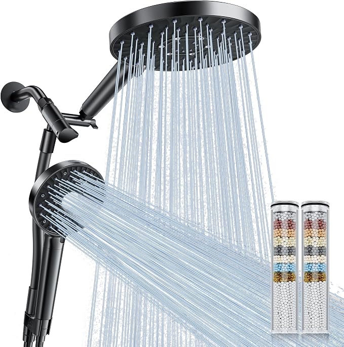 Filtered Shower Head Handheld Mother-Child Large Arm Combo, High Pressure 10-Spd Detachable Chrome Showerhead w/Stainless Hose, Water Softener Beads Hard Water - Remove Chlorine, Black