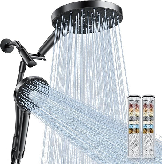 Filtered Shower Head Handheld Mother-Child Large Arm Combo, High Pressure 10-Spd Detachable Chrome Showerhead w/Stainless Hose, Water Softener Beads Hard Water - Remove Chlorine, Black