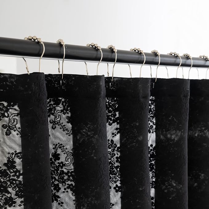TUDECO Black Boho Lace Shower Curtain with Attached Valance, 72''W x 84''L | Whimsigoth, Extra Long, Dark Bathroom Curtain, Cool Victorian, Halloween Decor, Scalloped Edges, Reinforced Holes