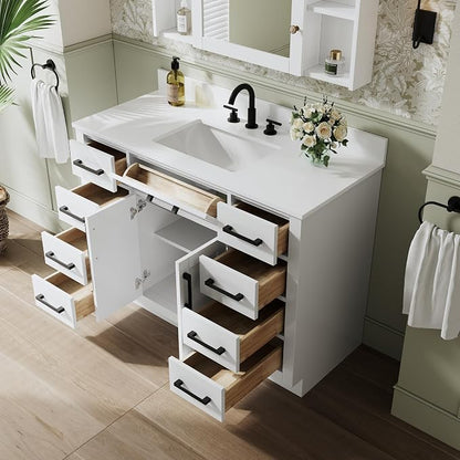 48-Inch Bathroom Vanity with Sink W/ 2 Doors & 8 Drawers & 1 Flip Drawer, White Vanity W/Matte Black Handles