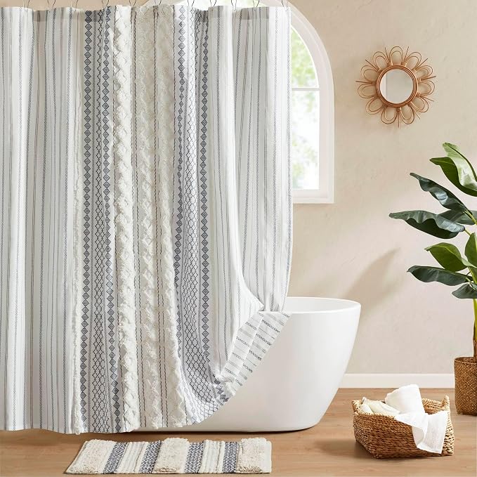 INK+IVY Extra Long Cotton Shower Curtain for Bathroom, White/Navy, 72 x 84 | Machine Washable, Boho Tufted Chenille Modern Home Bathroom Decor, Bathtub Privacy Screen, OEKO-TEX Certified