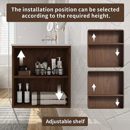 Henf 30inch Wall Mounted Bathroom Vanity with White Gel Sink, Modern Floating Bathroom Vanity Cabinet with 2 Soft Close Drawers & Open Storage Shelf, Bathroom Sink Vanity with Sink Combo Set,Brown