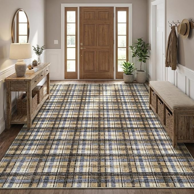 Living Room Rug 4x6 Washable Area Rug for Bedroom Modern Boho Border Non Slip Throw Rugs Soft Low Pile Stain Resistant Carpet for Nursery Classroom Dining Room 4'x6' Blue&Camel