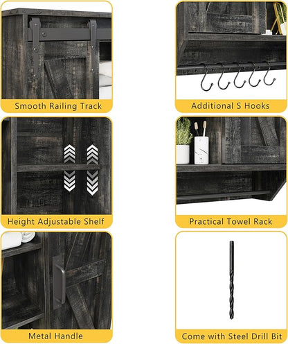 Farmhouse Medicine Cabinet 2 Sliding Barn Doors 3 Tier Rustic Wood Wall Storage Cabinet Adjustable Shelf Towel Bar Wall Mounted Bathroom Wall Cabinet