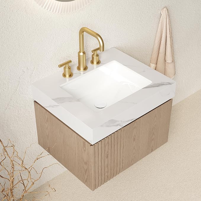 KEIKI 24 Inch Floating Bathroom Vanity with Sink, Light Brown & White | Modern Wall Mounted Storage Cabinet with 2 Doors, Pre-assembled Wood Panels, Sintered Stone Top & Ceramic Basin Combo Set