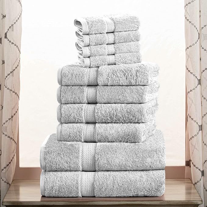 Superior Egyptian Cotton Ultra Plush & Absorbent, 10 Piece Set, Silver | Quick Dry, Soft Luxury Towel Set, Bath Essentials, Guest Bath, Spa, 2 Bath, 4 Hand, 4 Face Towels, Madeline Towels