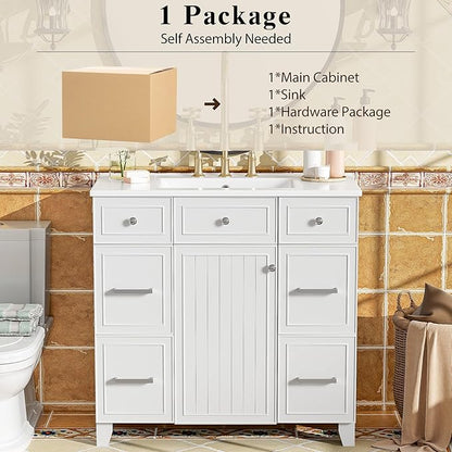 Favfurish 36" Bathroom Vanity with Ceramic Sink,Undermount Single Basin Bath Vanity Set w/Soft Closing Door and 3 Drawers,Modern Freestanding Storage Cabinet,Solid Wood Frame,White