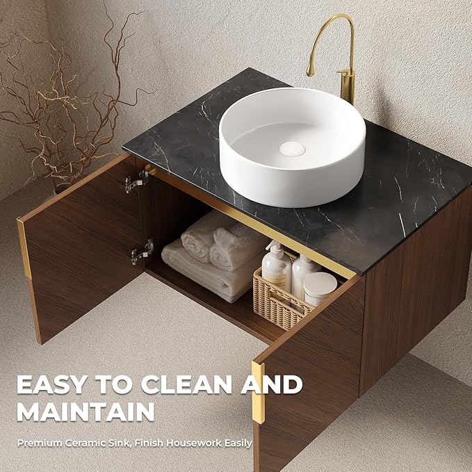 LKTART Floating Vanity Bathroom 30 inch, Modern Wall Mounted Bathroom Storage Cabinet with 2 Doors, Black Sintered Stone Countertop and White Round Ceramic Basin, Brown