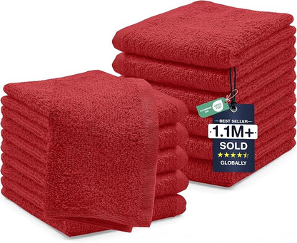 DAN RIVER 12 Pack Cotton Wash Cloths Set for Showering [12x12] Red | Lighter Weight, Quick to Dry, Super Soft & Absorbent Face Towels, Hotel Quality, Perfect for Bathroom, Gym, Spa