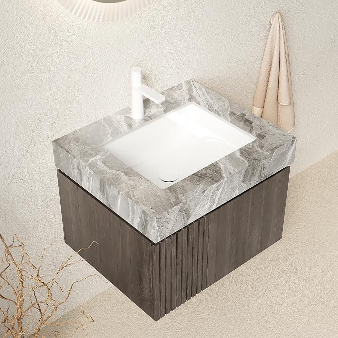 KEIKI 24 Inch Floating Bathroom Vanity with Sink, Espresso & Grey | Modern Wall Mounted Storage Cabinet with 2 Doors, Pre-assembled Wood Panels, Sintered Stone Top & Ceramic Basin Combo Set