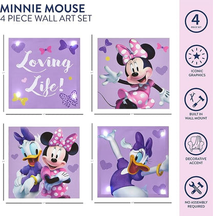 Disney Minnie Mouse LED Canvas Wall Art – 4-Pack Set for Kids – Light-Up 11x11” Panels – Minnie Room Décor for Girls – Battery Operated Wall Hanging for Bedroom or Playroom