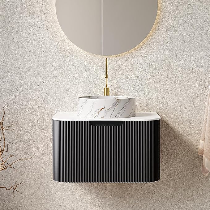 LKTART 24 Inch Floating Bathroom Vanity with Sink, Modern Wall Mounted Bathroom Storage Cabinet with Drawer, Stone Pattern Round White Ceramic Sink Top and Marble Texture Top, Black
