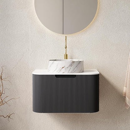 LKTART 24 Inch Floating Bathroom Vanity with Sink, Modern Wall Mounted Bathroom Storage Cabinet with Drawer, Stone Pattern Round White Ceramic Sink Top and Marble Texture Top, Black