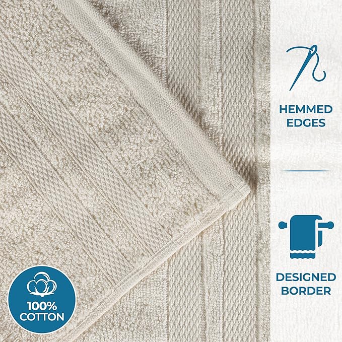 Superior Ultra-Soft Cotton Towel Set, 4 Bath Towels, 4 Hand Towels, 4 Face Towels/Washcloths, Quick-Dry, Shower, Spa Basics, Essentials, Solid, Double Line Dobby Border, 12 Piece Set, Ivory