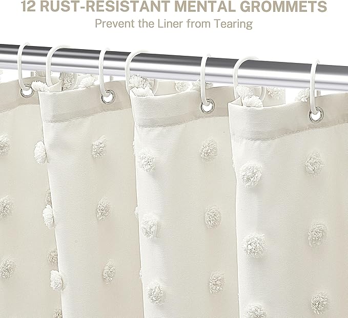 Boho Farmhouse Ivory Shower Curtain Woven Fabric Ivory Cute Stall Cream Shower Curtain, 60 x 72 Tufted Pleat Floral Textured Modern Minimalist Shower Curtain Set with Hooks for Bathroom