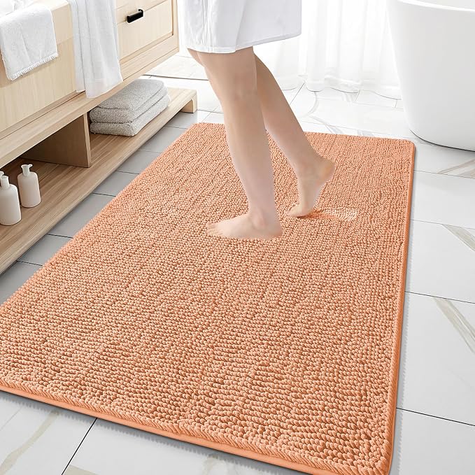 OLANLY Large Bathroom Rugs 59x35, Extra Soft Absorbent Chenille Bath Rugs | Peach, Quick-Drying Rubber Backing, Machine Washable Bath Mat for Bathroom Floor, Tub and Shower, Home Decor Accessories