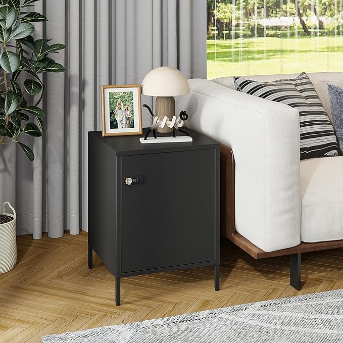 Metal Nightstand with Lockable Cabinet and Adjustable Shelf, Bedside Table with Digital Combination Lock, Secure Storage End Table for Bedroom Office Dorm (Black)
