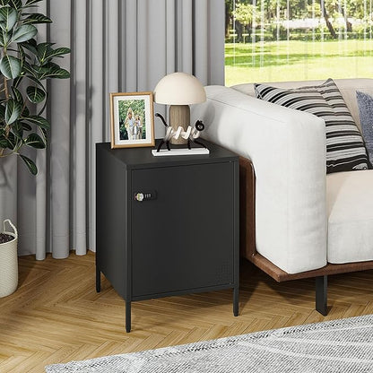 Metal Nightstand with Lockable Cabinet and Adjustable Shelf, Bedside Table with Digital Combination Lock, Secure Storage End Table for Bedroom Office Dorm (Black)