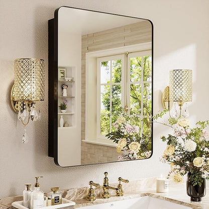 Medicine Cabinet with Mirror 20x30 Inch, Aluminum Bathroom Cabinet for Recessed or Surface Mount, Black Frame, Six Adjustable Glass Shelves, Soft Close Hinge, Reversible Door