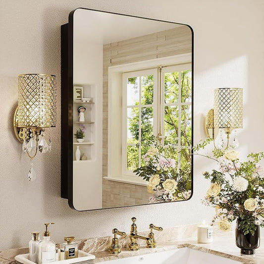 Medicine Cabinet with Mirror 20x30 Inch, Aluminum Bathroom Cabinet for Recessed or Surface Mount, Black Frame, Six Adjustable Glass Shelves, Soft Close Hinge, Reversible Door