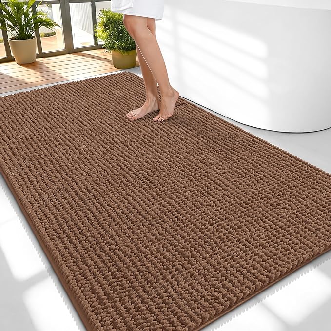 OLANLY Thick Chenille Large Bathroom Rugs 59x35, Absorbent Bath Mat, Mocha | Soft Bath Rugs, Rubber Backing, Machine Wash Dry, Bath Mats for Bathroom, Tub and Shower, Home Decor Accessories
