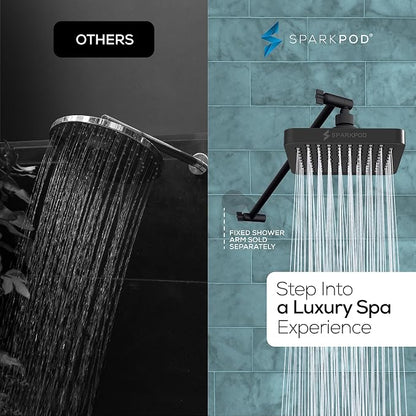 SparkPod 6" Square Rain Shower Head with 16" Shower Arm | Shower Head & Extension Arm Combo, Height Adjustable, High Pressure Performance, Easy 1-Minute Installation, Black Matte