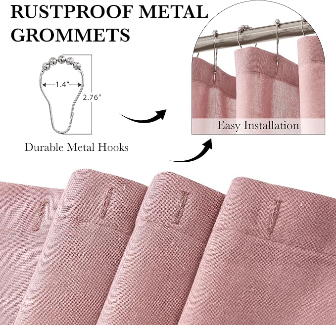 KGORGE Linen Fabric Shower Curtains-Semi Sheer Button Hole Lightweight Waterproof Privacy Light Filtering Shower Curtains for Nursery Bathroom with 12 Hooks, 72 x 72 inches Long, Dusty Pink, 1 Panel