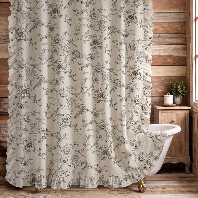 Farmhouse Floral Ruffle Shower Curtain for Bathroom | Vintage Black Linen Pattern Shower Curtains, Tan Taupe,72Wx72H