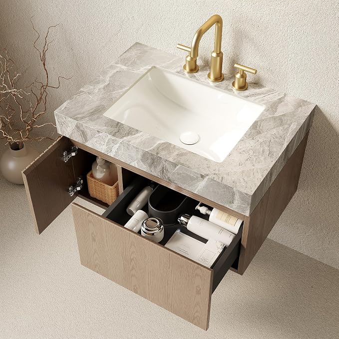 KEIKI 30 Inch Floating Bathroom Vanity with Sink, Light Brown & Grey | Modern Wall Mounted Storage Cabinet w/ Drawer & Door, Pre-assembled Wood Panels, Sintered Stone Top & Ceramic Basin Combo Set