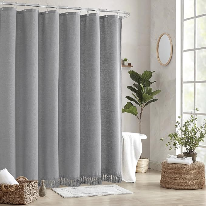 Linen Shower Curtain Boho Grey Shower Curtain with Tassels 72"W x 72"L | Thick linen-poly blend, soft textured drape, handcrafted fringe, neutral rustic farmhouse bathroom decor