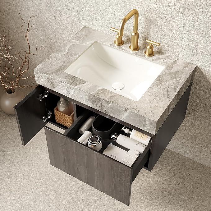 KEIKI 30 Inch Floating Bathroom Vanity with Sink, Espresso & Grey | Modern Wall Mounted Storage Cabinet w/ Drawer & Door, Pre-assembled Wood Panels, Sintered Stone Top & Ceramic Basin Combo Set
