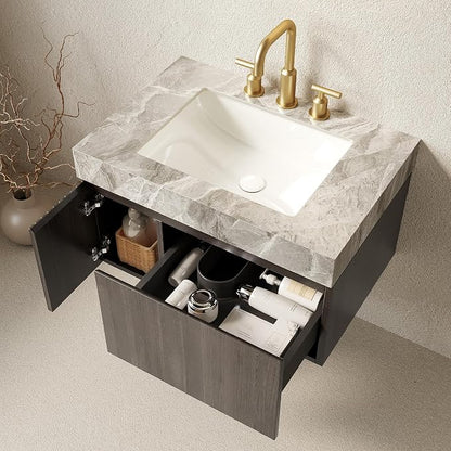 KEIKI 30 Inch Floating Bathroom Vanity with Sink, Espresso & Grey | Modern Wall Mounted Storage Cabinet w/ Drawer & Door, Pre-assembled Wood Panels, Sintered Stone Top & Ceramic Basin Combo Set