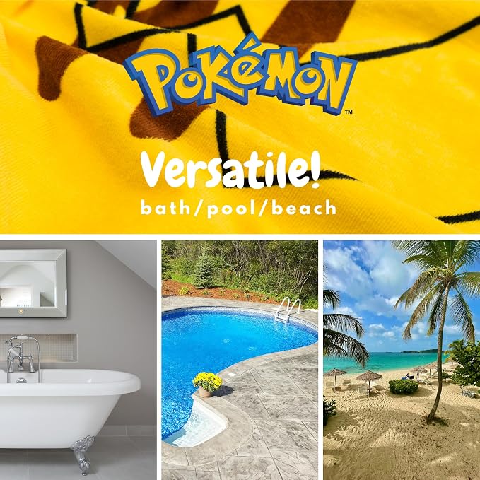 Pokemon Pikachu Kids Super Soft Bath/Pool/Beach Soft Cotton Terry Hooded Towel Wrap, 24 in x 50 in, (Officially Licensed Product) By Franco