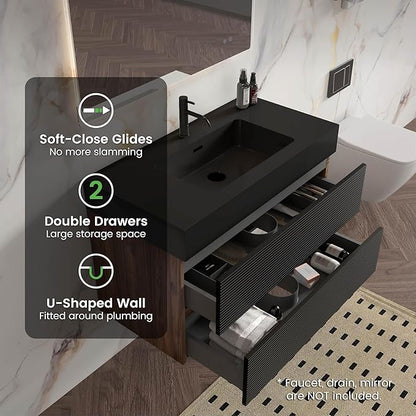 36 Inch Bathroom Vanity with Black Sink, Floating Bathroom Cabinet with 2 Soft-Closing Drawers, Large Storage for Powder Room, Apartment, Hotel, Walnut+Black, Fir Collection