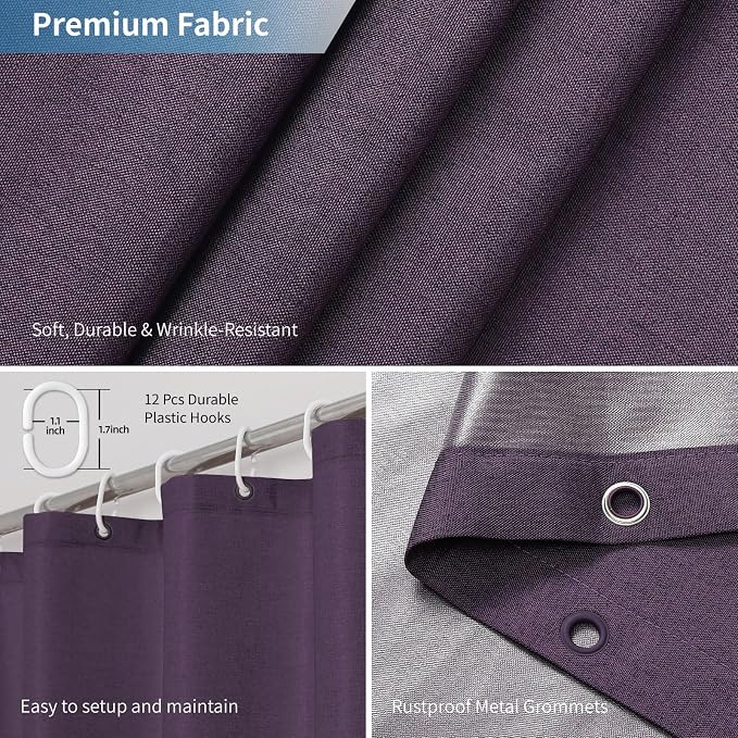Waterproof Fabric Shower Curtain,No Liner Needed,72x72,Purple | 2-in-1 Design,Linen Textured,100% Waterproof TPU-Laminated Backing,Magnetic Weighted,Machine Washable,For Bathroom,Hotel
