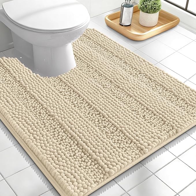 OLANLY Thick Toilet Rugs U-Shaped 24x20, Soft Chenille Bath Mat, Sand | Extra Absorbent Striped Contour Bathroom Rugs for Toilet, Dry Quickly, Machine Washable, Non-Slip