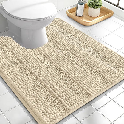 OLANLY Thick Toilet Rugs U-Shaped 24x20, Soft Chenille Bath Mat, Sand | Extra Absorbent Striped Contour Bathroom Rugs for Toilet, Dry Quickly, Machine Washable, Non-Slip
