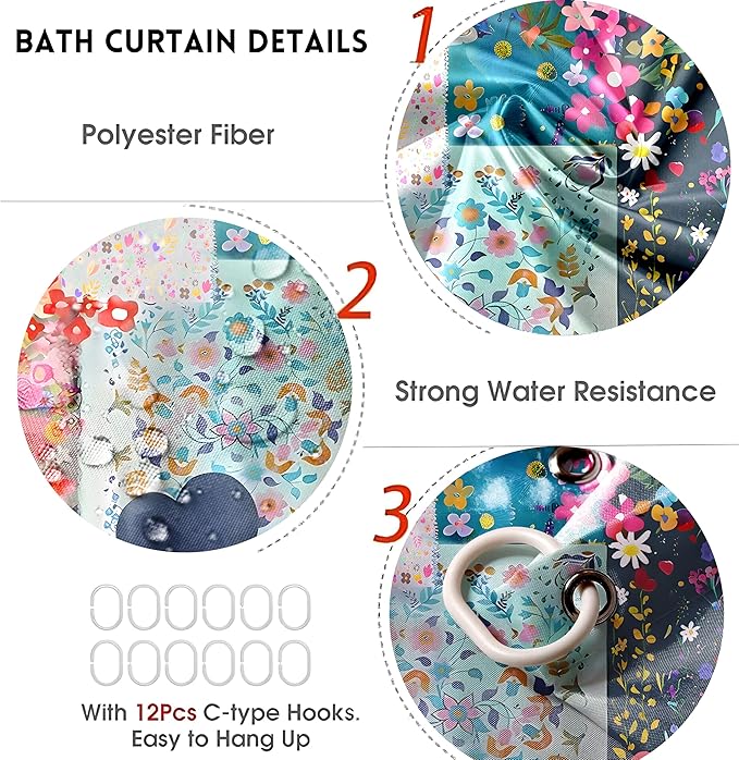 4-Piece Boho Floral Shower Curtain Bohemian Wildflower Design Bathroom Set with Shower Curtain and Rugs, Cute Fun Decorative Bath Set with Hooks for Home Decor