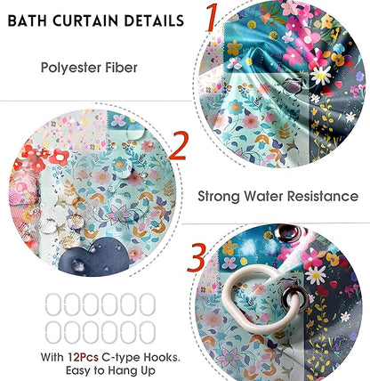 4-Piece Boho Floral Shower Curtain Bohemian Wildflower Design Bathroom Set with Shower Curtain and Rugs, Cute Fun Decorative Bath Set with Hooks for Home Decor