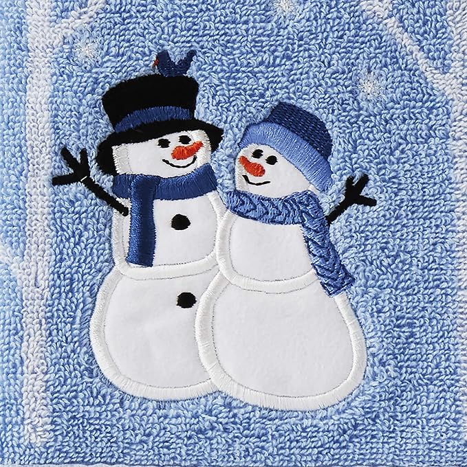 SKL Home Christmas Winter Friends Snowman Hand Towel Set-2pc, Blue | 100% Cotton. 450 GSM. Soft & absorbent jacquard with embroidery. Great for the bathroom, kitchen or bar & holiday gifting.
