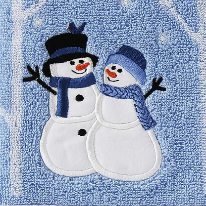 SKL Home Christmas Winter Friends Snowman Hand Towel Set-2pc, Blue | 100% Cotton. 450 GSM. Soft & absorbent jacquard with embroidery. Great for the bathroom, kitchen or bar & holiday gifting.