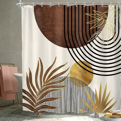 Mid Century Brown Boho Abstract Modern Gold Bathroom Shower Curtain Set | 72Wx72H Arch Sun design, waterproof HD print with fast-drying fabric and 12 hooks.
